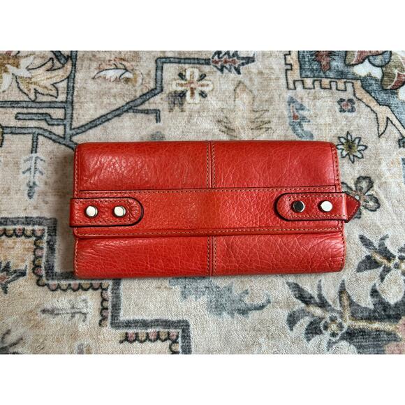 Fossil Leather Tri Fold Wallet Y2k Genuine Leather Pocket Book Coral Red - Picture 2 of 8